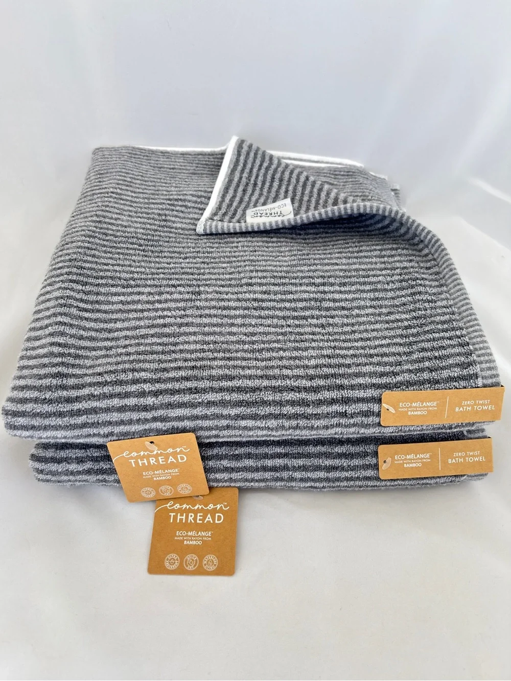 NWT 8Pc Common Thread Bamboo Eco-Melange Charcoal Grey Striped Bath Towels Set